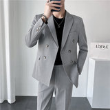秋冬韩版修身纯色双排扣男士休闲西服外套中灰色X830A双排扣-P150，男装西服，电商C308
