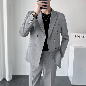 秋冬韩版修身纯色双排扣男士休闲西服外套中灰色X830A双排扣-P150图片