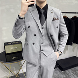 秋冬韩版修身纯色双排扣男士西服三件套装藏青色SJT902-P265，男装西服，电商C308
