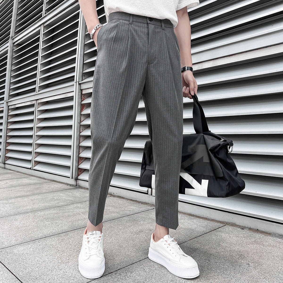 22春夏轻熟风微宽时尚休闲西裤阔版条纹小脚九分西裤K13-P65，男装西裤，电商C308