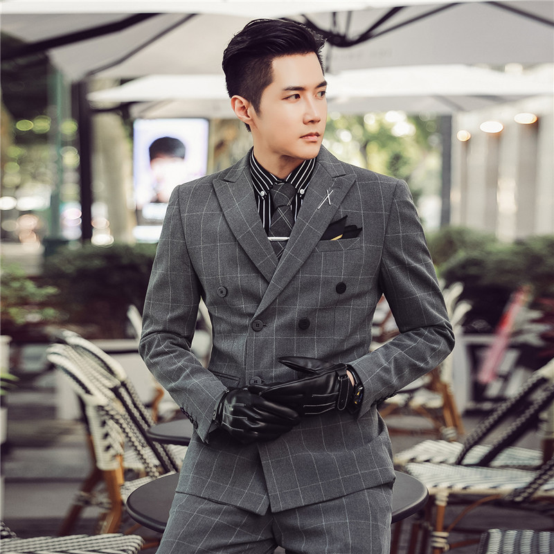 秋冬新款韩版修身经典方格男士双排扣西服三件套TZ131-P280，男装西服，电商C308