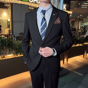 英伦韩版修身男士商务休闲条纹一粒扣西服外套深灰色X28-P150图片