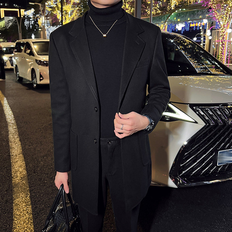 秋冬英伦韩版修身男士商务休闲中长款西服呢料外套黑色X34-P170，男装西服，电商C308