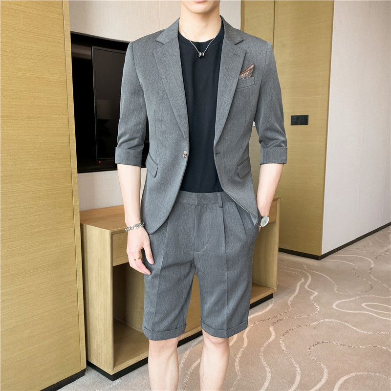 痞帅高级感休闲纯色中袖男士西服+英伦时尚短裤套装TZ04-P210，男装牛仔裤，电商C308