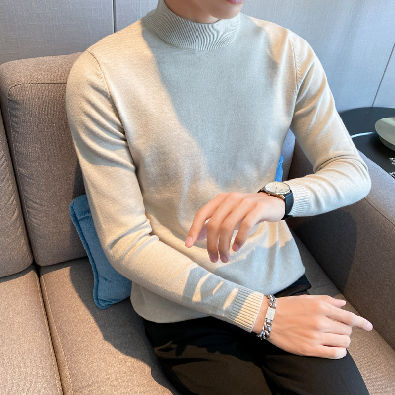 秋冬韩版半高领修身打底衫中领套头纯色针织衫毛衣潮男MY1-P45，男装T恤，电商C308