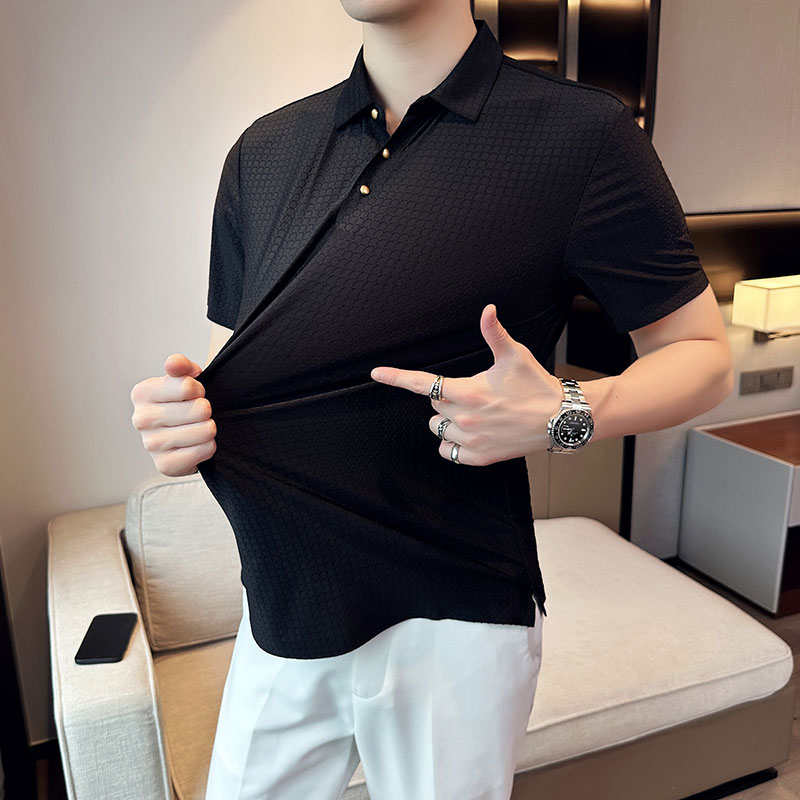 夏季 冰丝高弹翻领无痕T恤男士纯色修身短袖POLO衫黑色PL3-P58图片