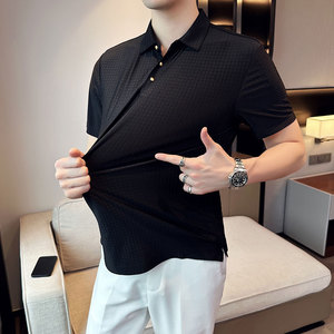 夏季 冰丝高弹翻领无痕T恤男士纯色修身短袖POLO衫黑色PL3-P58图片