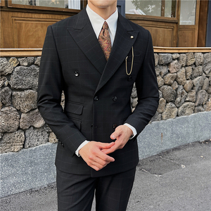 英伦修身男士双排扣格子西服三件套新郎伴郎礼服套装SJT920-P300图片
