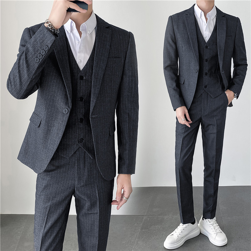 ins轻熟风秋冬韩版修身男士休闲条纹西服三件套装SJT903-P265，男装西服，电商C308