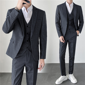 ins轻熟风秋冬韩版修身男士休闲条纹西服三件套装 SJT903-P265，男装西服，电商C308