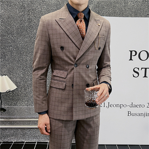 英伦修身男士双排扣格子西服三件套新郎伴郎礼服套装SJT920-P300图片