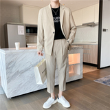 轻熟风英伦条纹微宽长袖西服九分西裤套装黑色TZ14-P215，男装西服，电商C308