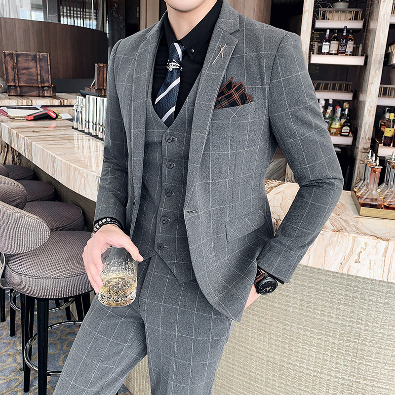 秋冬款英伦时尚格子修身男士西服+马甲+西裤三件套装SJT905-P280,男装西服,电商C308