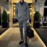 秋冬韩版修身纯色双排扣男士西服三件套装中灰色SJT830A-P280，男装西服，电商C308