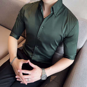 痞帅个性V领衬衫男中袖青年帅气修身休闲立领痞雅衬衣C02-P60图片