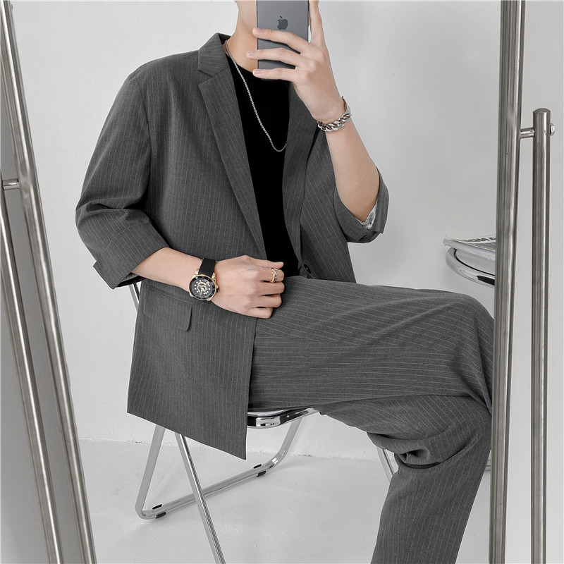 21春夏轻熟风英伦条纹中袖西服阔版宽松休闲西服X13-P130，男装西服，电商C308