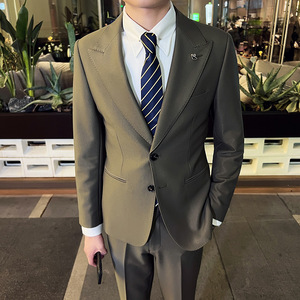英伦韩版修身男士休闲商务西服套装新郎套装墨绿色LJT889-P230图片