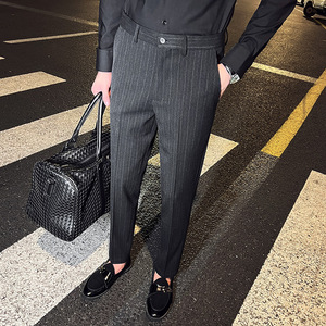 时尚免烫条纹西裤男士韩版修身小脚裤商务休闲长裤深灰色K29-P70，男装西裤，电商C308