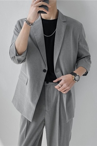 21 春夏款 轻熟风英伦条纹中袖西服 阔版宽松休闲西服 X13-P130图片