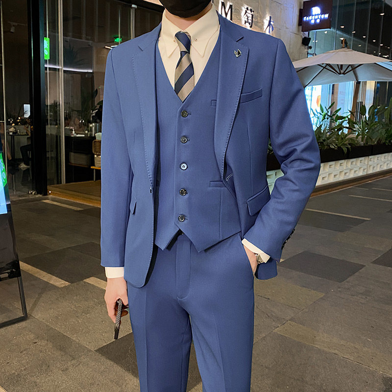 英伦韩版修身男士休闲商务西服三件套新郎套装天蓝色SJT888-P285，男装西服，电商C308