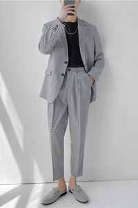 21 春夏款 轻熟风英伦小细格长袖西服+阔版九分裤套装 TZ18-P215图片