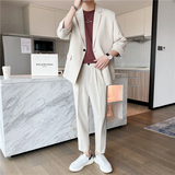 春夏款轻熟风英伦纯色阔版中袖西服九分裤套装灰色TZ15-P195，男装西服，电商C308