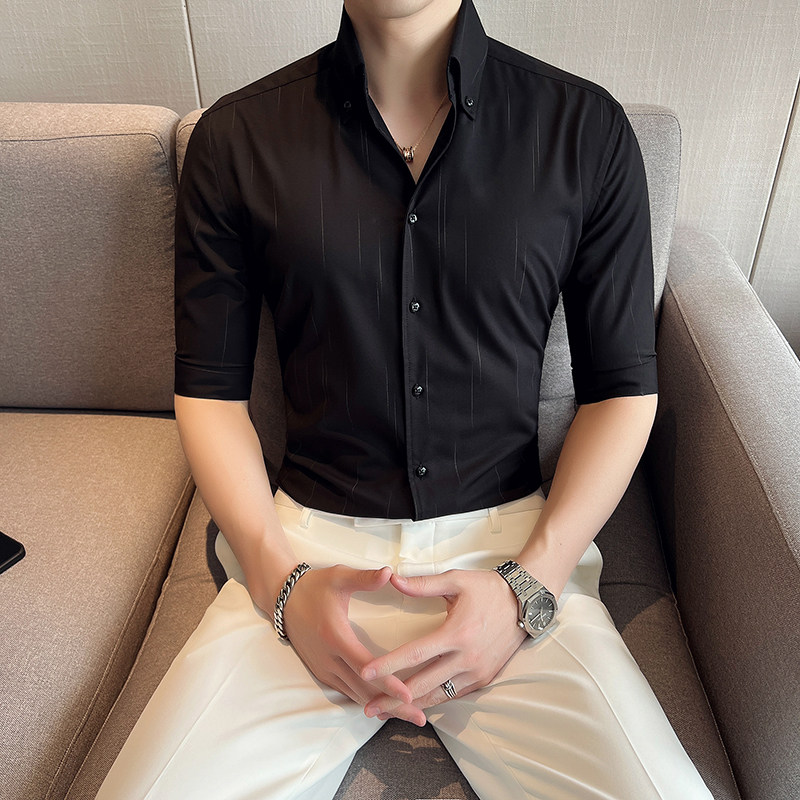 雅痞青年虚线个性V领衬衫中袖帅气修身休闲立领痞帅衬衣男C05-P68,男装衬衫,电商C308