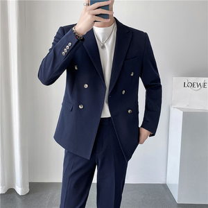 秋冬韩版修身纯色双排扣男士休闲西服外套中灰色X830A双排扣-P150图片
