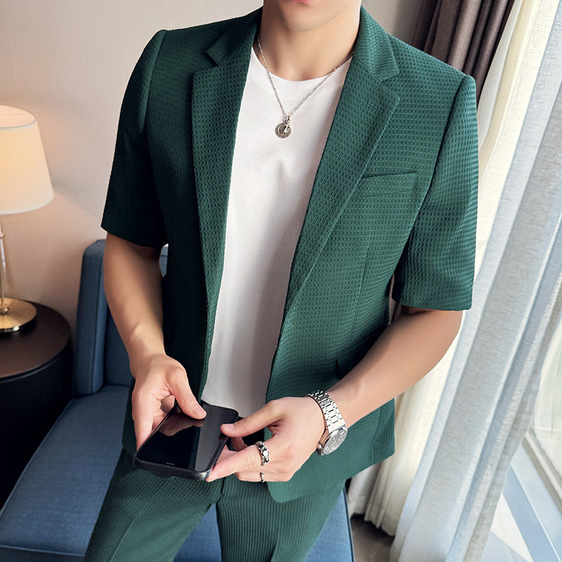 春夏休闲华夫格中袖小西服外套 韩版修身英伦潮男西装 X931-P130图片