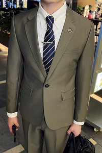 英伦韩版修身男士休闲商务西服套装新郎套装军绿色LJT888-P225图片