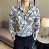 高级感修身花衬衫时尚衬衣男长袖衬衫质感潮流衬衫黑色C2025-P63，男装衬衫，电商C308