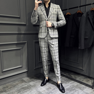 春季新款 英伦韩版修身男士休闲格子西服套装新郎套装LJT818-P220图片