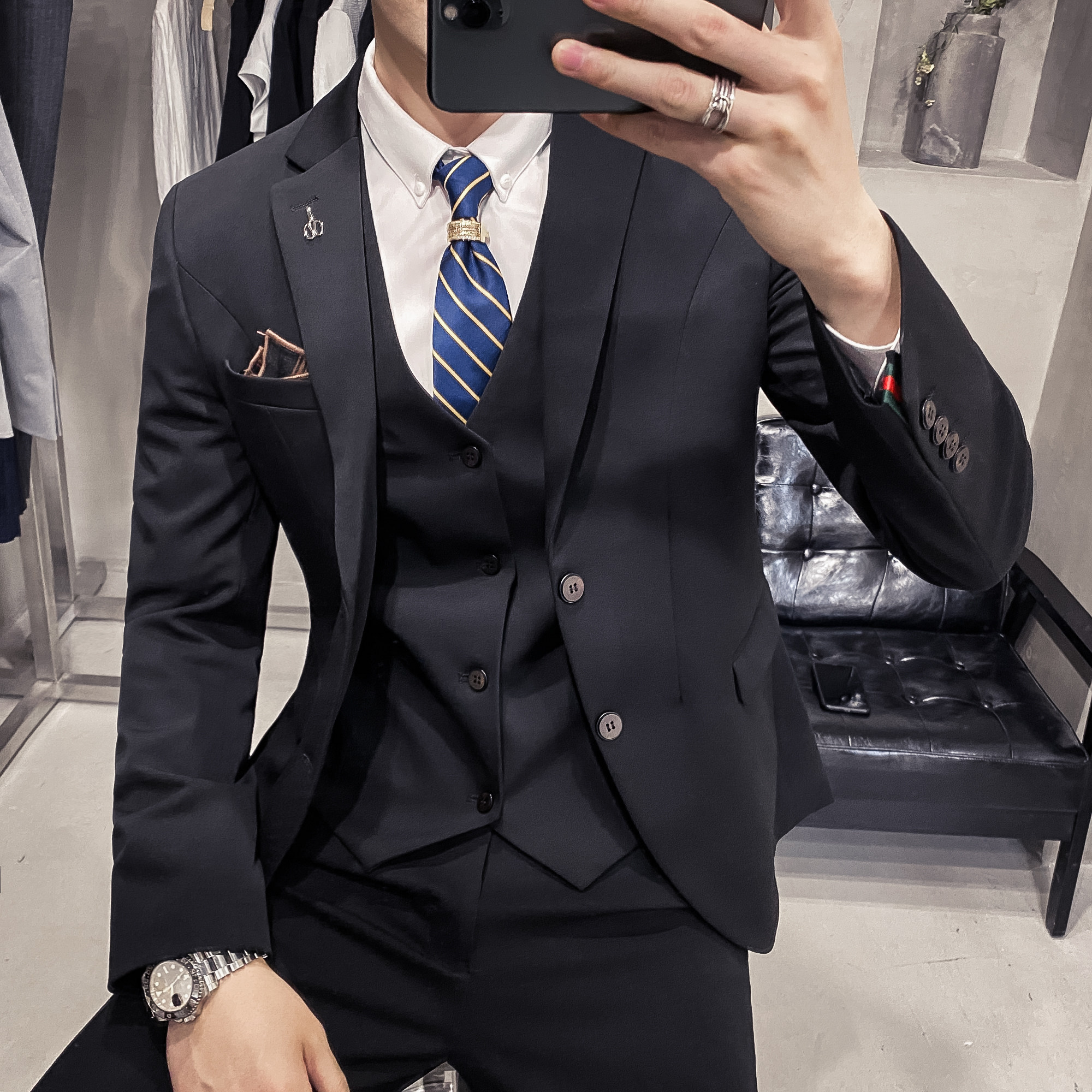 秋冬款英伦韩版修身男士休闲二粒扣西服三件套中灰色SJT961-P280,男装西服,电商C308