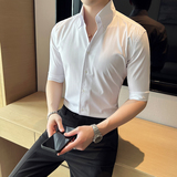 雅痞个性青年条纹V领衬衫中袖帅气修身休闲立领痞帅衬衣男C03-P68，男装衬衫，电商C308