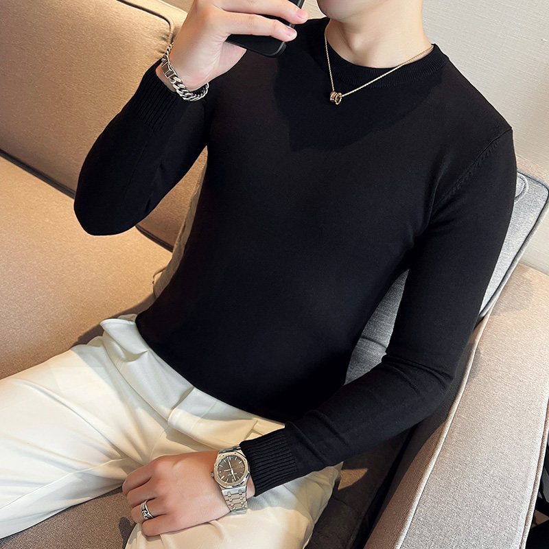 秋冬韩版圆领修身打底衫套头纯色针织衫精致毛衣黑色B5551-特P45，男装T恤，电商C308