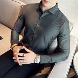高级感弹力无痕压胶坠感丝滑条纹长袖修身衬衫男咖啡色C2103-P90，男装衬衫，电商C308