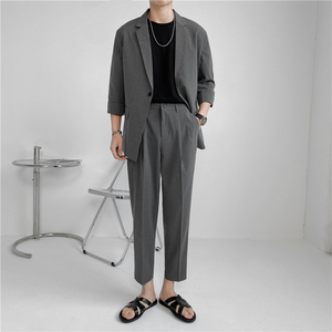 24夏款 轻熟风微宽英伦条纹中袖西服+阔版九分裤套装 TZ13-P195图片