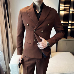 华夫格西装两件套男士套装 休闲双排扣西服套装黑色LJT906-P225图片