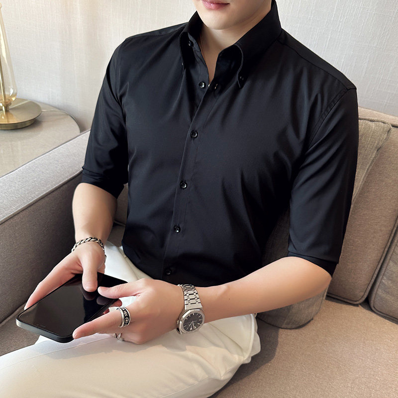 春季大领衬衫男中袖薄款潮流帅气修身休闲立领纯色衬衣C2308-P65,男装衬衫,电商C308
