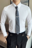 秋款大领衬衫男长袖薄款潮流帅气修身休闲立领纯色白衬衣C43-P68，男装衬衫，电商C308