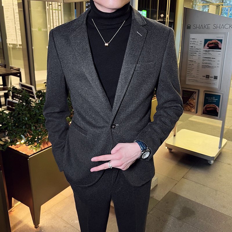 秋冬英伦韩版修身男士商务休闲一粒扣西服呢料外套灰色X33-P155，男装西服，电商C308