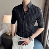 雅痞个性青年条纹V领衬衫男中袖帅气修身休闲立领痞帅衬衣C07-P68，男装衬衫，电商C308