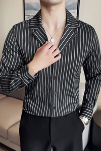 秋冬款古巴领英伦经典条纹单排扣男士长袖衬衫C14-P65图片