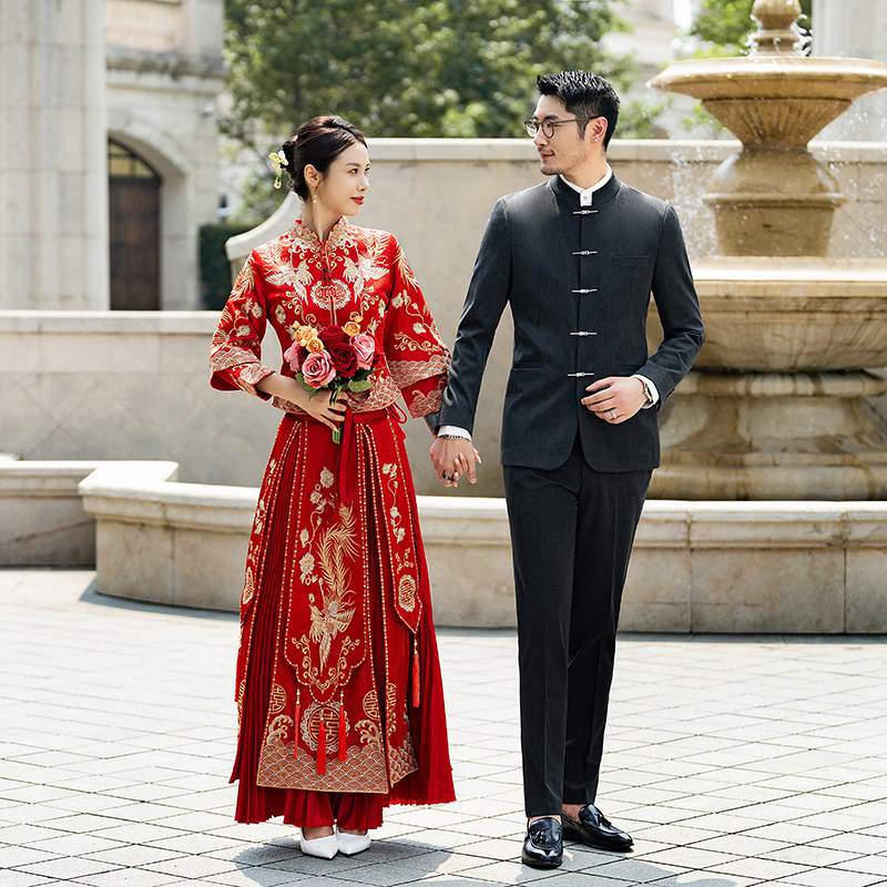 中式新郎西服套装婚礼伴郎礼服男士高级感立领西装LJT938-P205,男装西服套装,电商C308