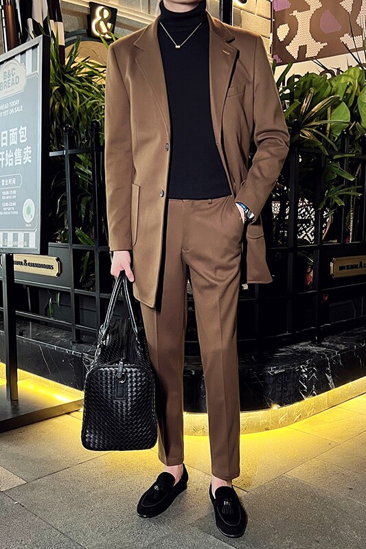 秋冬英伦韩版修身男士商务休闲中长款西服呢料套装黑色LJT34-P235,男装西服,电商C308