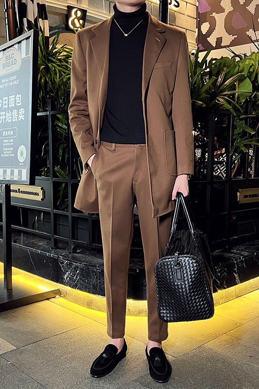 秋冬英伦韩版修身男士商务休闲中长款西服呢料外套卡其色X34-P170,男装西服,电商C308