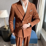 痞帅高级感休闲双排扣纯色西服+英伦时尚九分西裤套装TZ02-P225，男装西服，电商C308