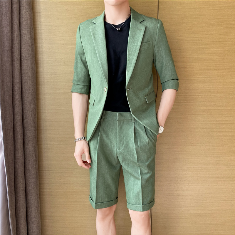 痞帅高级感休闲纯色中袖男士西服+英伦时尚短西裤套装TZ04-P210,男装西服,电商C308