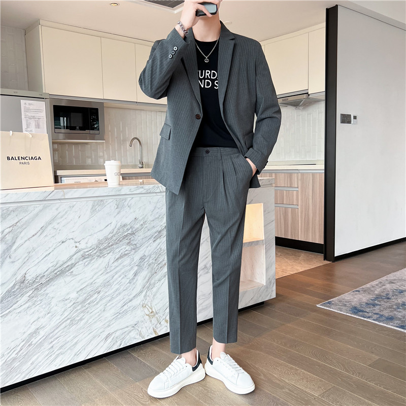 轻熟风英伦条纹微宽长袖西服九分西裤套装深灰色TZ14-P215，男装西服，电商C308