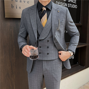 英伦修身男士二粒扣格子西服三件套新郎伴郎礼服套装SJT919-P300图片